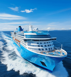 Large research ship sailing on open sea with clear blue sky.